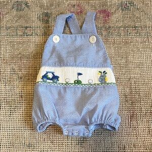 Smockingbird Blue Gingham Sunsuit with Golf Smocking - size 3 mos